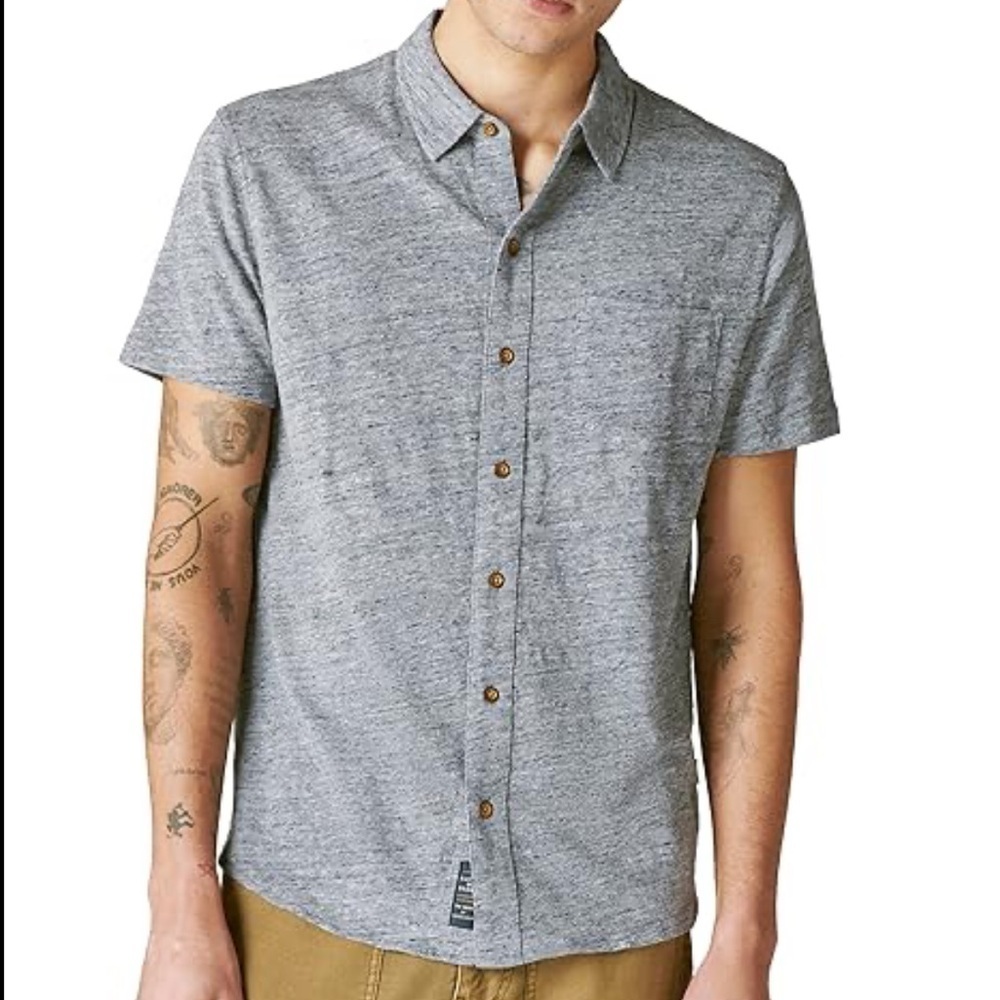 Lucky Brand Men's Button Up Linen Blend Gray Linen Blend Shirt Size L Casual EUC